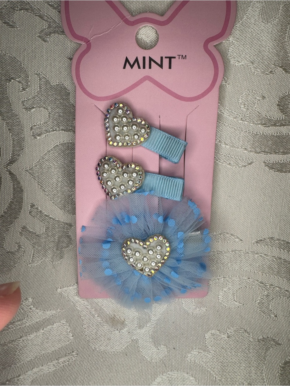 New MINT Blue Heart Pearl & Tulle Hair Clip Set